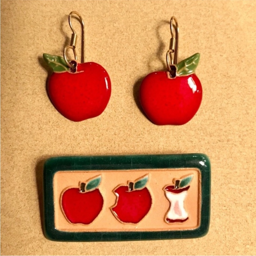 Handcrafted Apple Earrings and Brooch